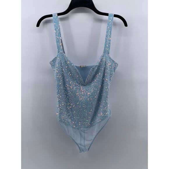 FREE PEOPLE Women's Light Blue Sequin Sheer Sparks Fly Corset Bodysuit SZ S - Picture 3 of 13